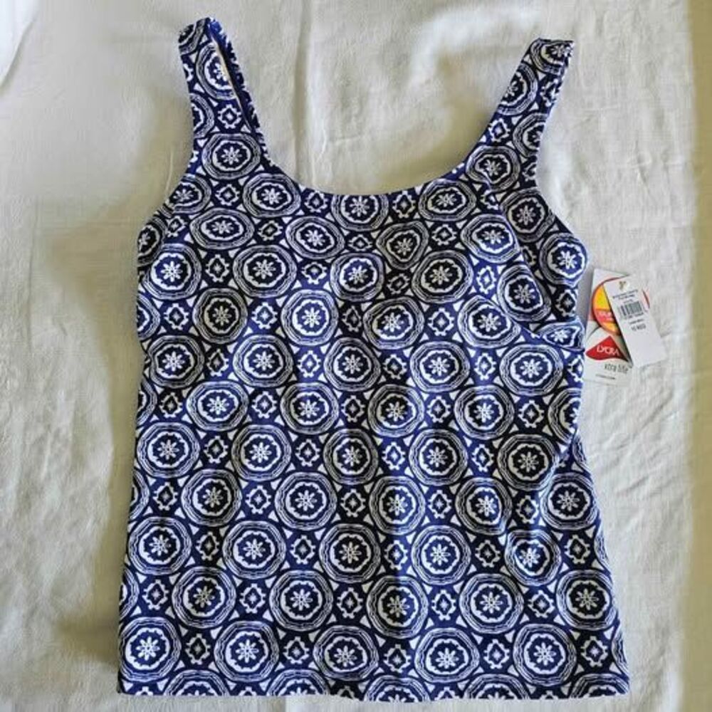 NWT L.L. Bean SunSmart Tankini Top Size 10 Blue and White Geometric Print